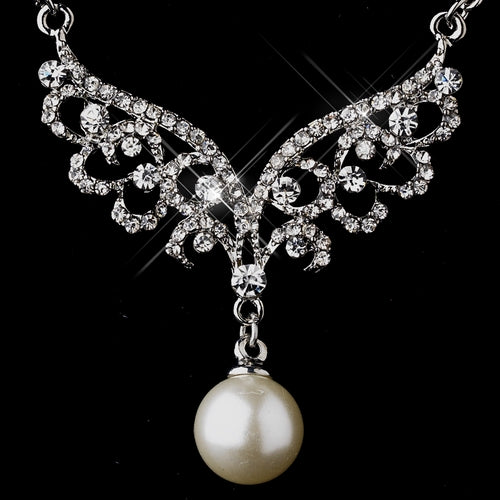 Bridal Wedding Jewelry Set Necklace Crystal Rhinestone Pearl Silver White Wing