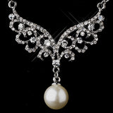 Bridal Wedding Jewelry Set Necklace Crystal Rhinestone Pearl Silver White Wing