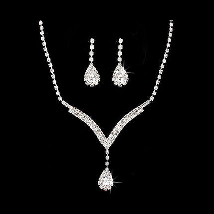 Bridal Wedding Jewelry Set Necklace Earring Crystal Rhinestone LG V Drop Silver - Accessoriesforever