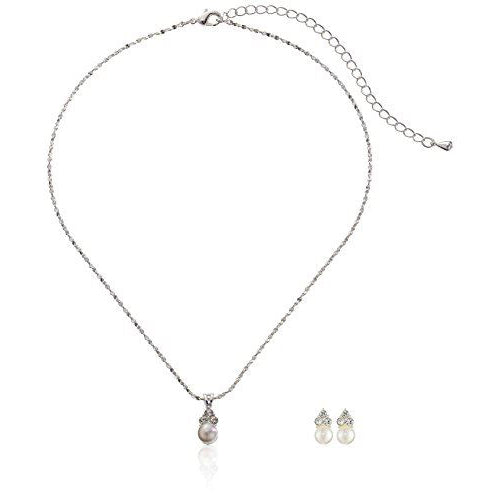 Bridal Wedding Jewelry Set Crystal Rhinestone Pearl Simple Design Silver White