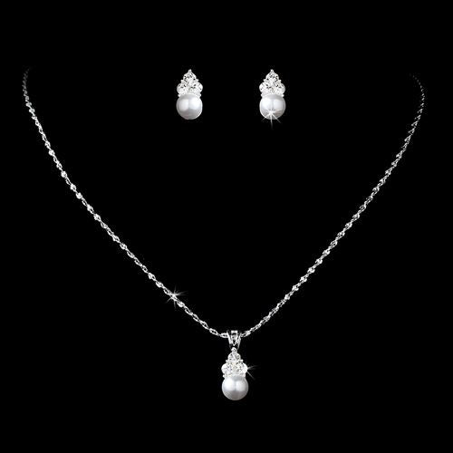 Bridal Wedding Jewelry Set Crystal Rhinestone Pearl Simple Design Silver White