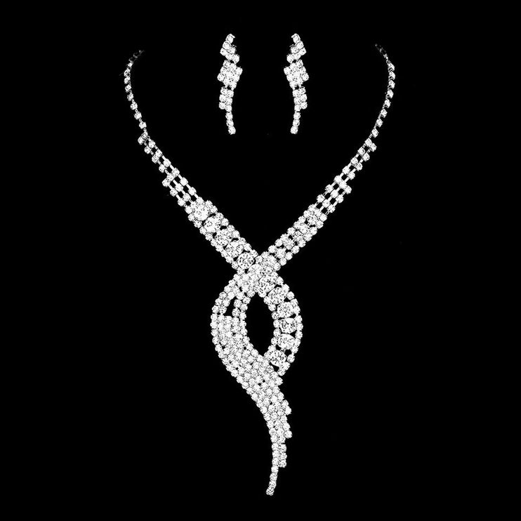 Bridal Wedding Jewelry Set Crystal Rhinestone Stylish Necklace Silver Clear J264 - Accessoriesforever