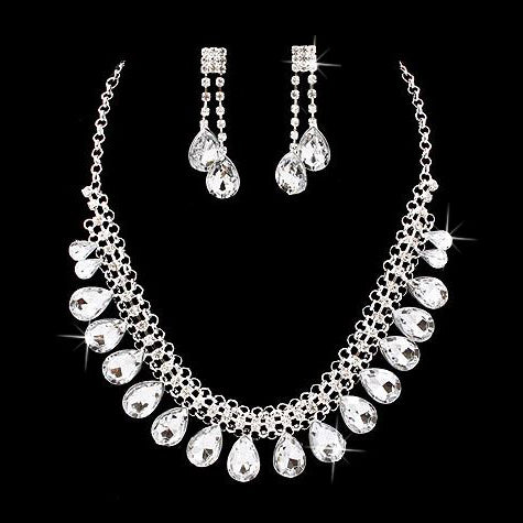 Bridal Wedding Jewelry Set Crystal Rhinestone Teardrop Dangles Necklace Silver