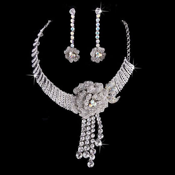 Bridal Wedding Jewelry Set Crystal Rhinestone Stunning Beautiful Floral Silver - Accessoriesforever