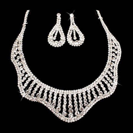 Bridal Wedding Jewelry Set Crystal Rhinestones Wavy Curl Bib Necklace Silver