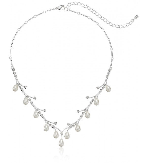 Bridal Wedding Jewelry Set Crystal Rhinestone Pear Dangle Pearls Link Necklace - Accessoriesforever