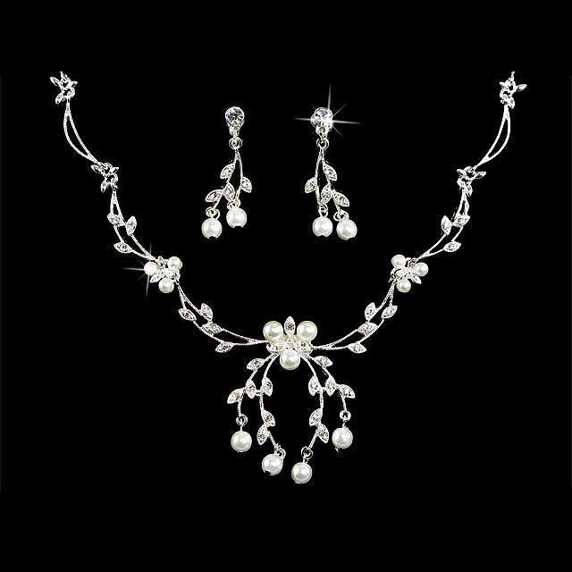 Bridal Wedding Jewelry Set Crystal Rhinestone Floral Pearl Necklace Silver - Accessoriesforever