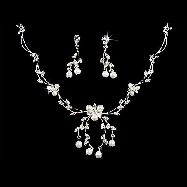 Bridal Wedding Jewelry Set Crystal Rhinestone Floral Pearl Necklace Silver