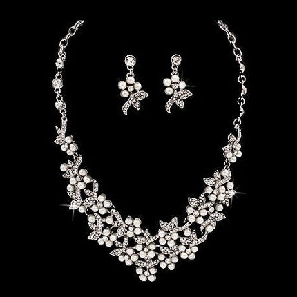 Bridal Wedding Jewelry Set Necklace Crystal Rhinestone Pearl Floral Bib Silver - Accessoriesforever