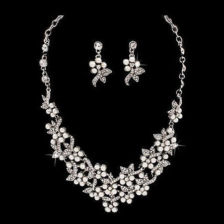 Bridal Wedding Jewelry Set Necklace Crystal Rhinestone Pearl Floral Bib Silver