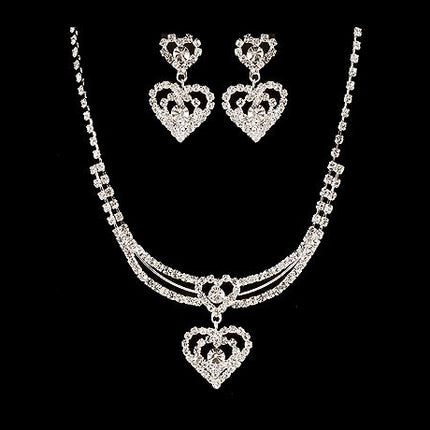 Bridal Wedding Jewelry Prom Heart Crystal Rhinestone Necklace Set J463 SV