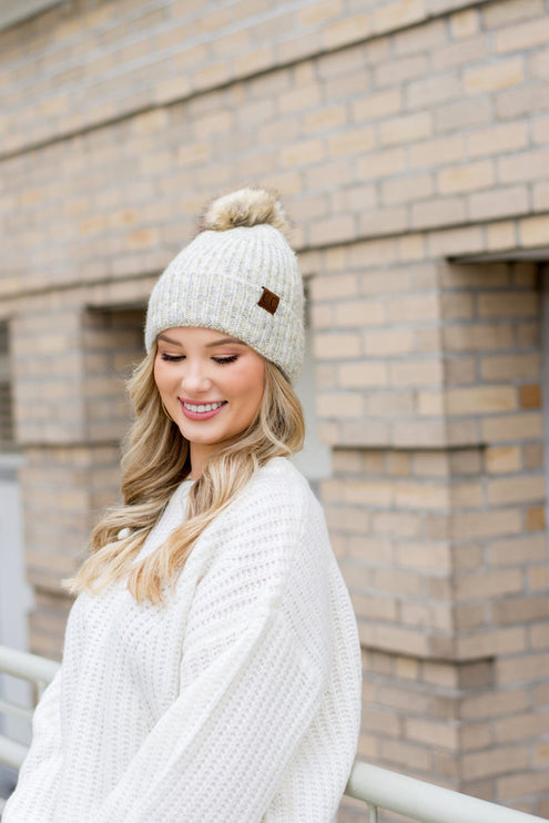 Soft Cozy Heathered Knit Pom Pom CC Marled Beanie Hat