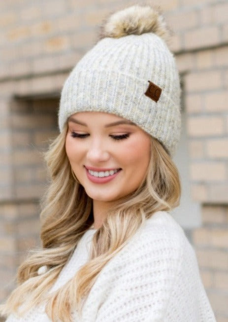 Soft Cozy Heathered Knit Pom Pom CC Marled Beanie Hat