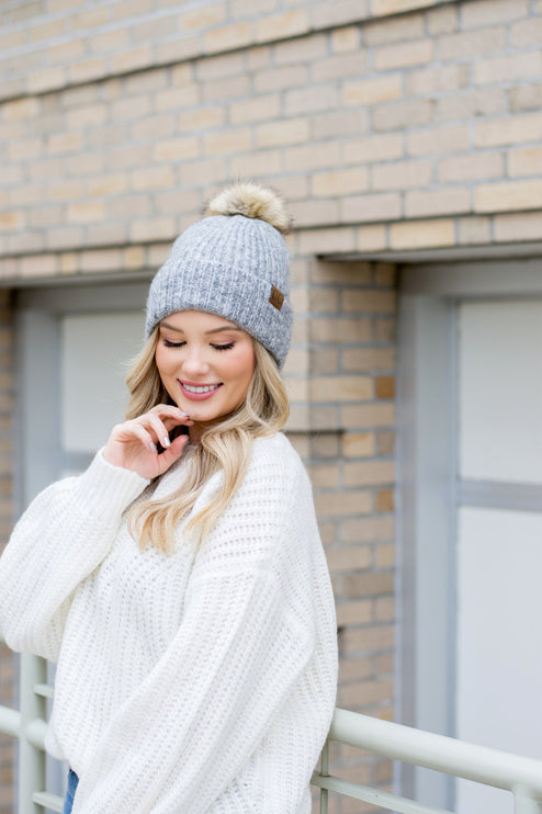 Soft Cozy Heathered Knit Pom Pom CC Marled Beanie Hat