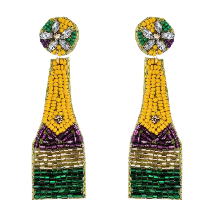 Mardi Gras Champagne Bottle Beaded Handmade Festive Statement Dangle Earrings