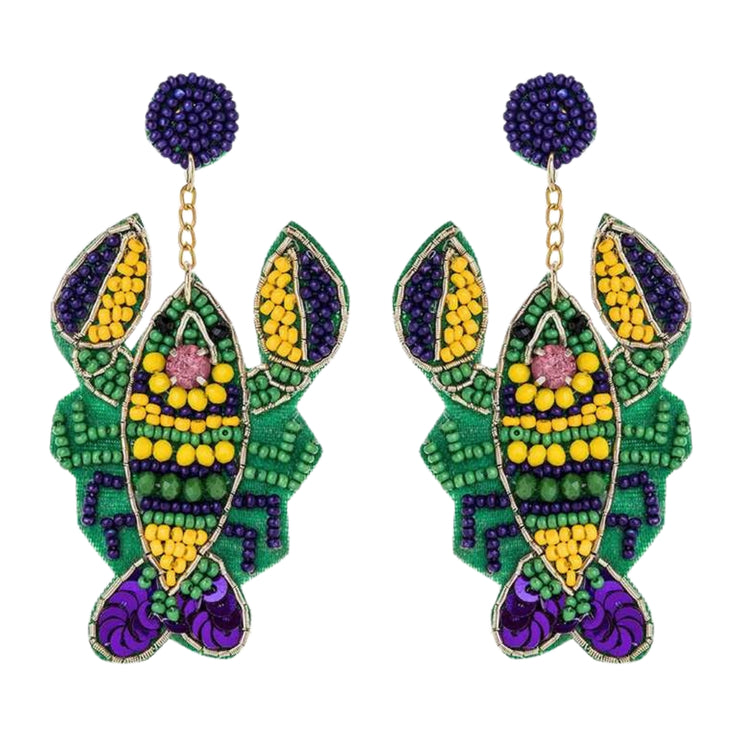 Mardi Gras Crawfish Iconic Beaded Handmade Festive Statement Dangle Earrings