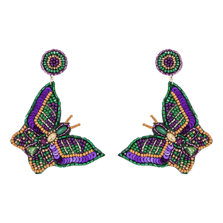 Mardi Gras Butterfly Beaded Handmade Festive Statement Dangle Earrings
