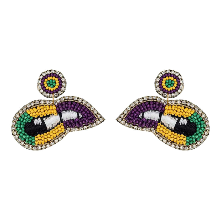 Mardi Gras Color Lips Iconic Beaded Handmade Festive Statement Dangle Earrings