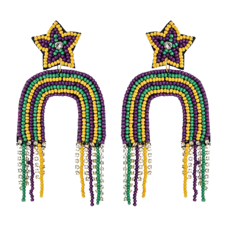Mardi Gras Tassel Beaded Handmade Festive Rainbow Statement Earrings