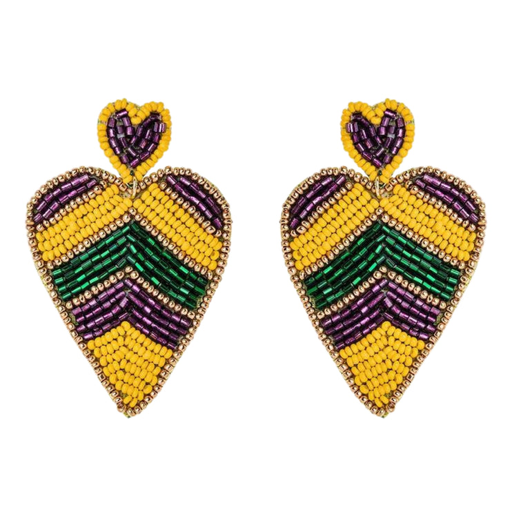 Mardi Gras Color Beaded Heart Handmade Festive Statement Drop Earrings