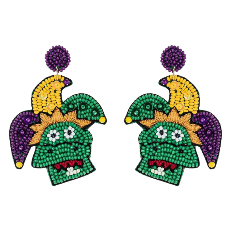 Mardi Gras Joker Beaded Handmade Festive Statement Dangle Earrings