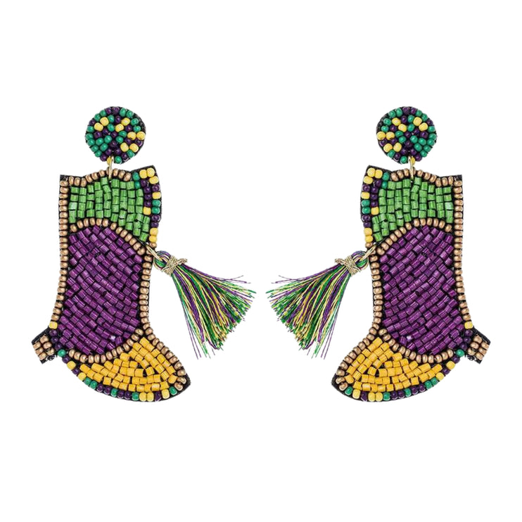 Mardi Gras Boots Beaded Handmade Festive Statement Dangle Earrings