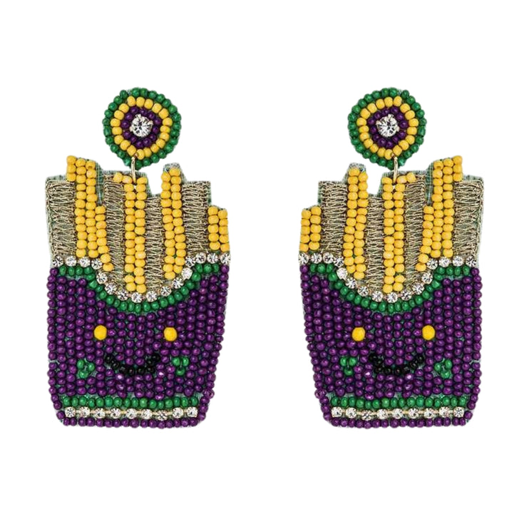 Mardi Gras French Fries Iconic Beaded Handmade Festive Statement Dangle Earrings