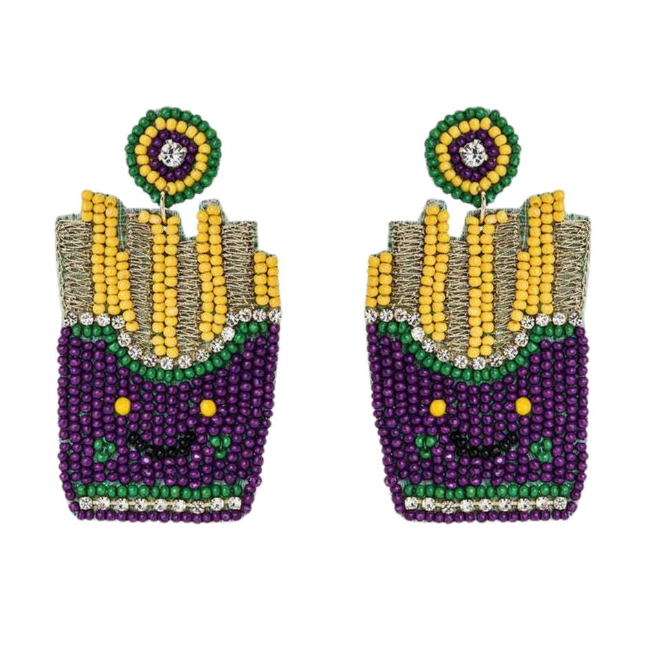 Mardi Gras French Fries Iconic Beaded Handmade Festive Statement Dangle Earrings - Accessoriesforever
