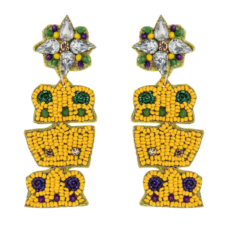 Mardi Gras Beaded Crown Iconic Handmade Festive Statement Dangle Earrings