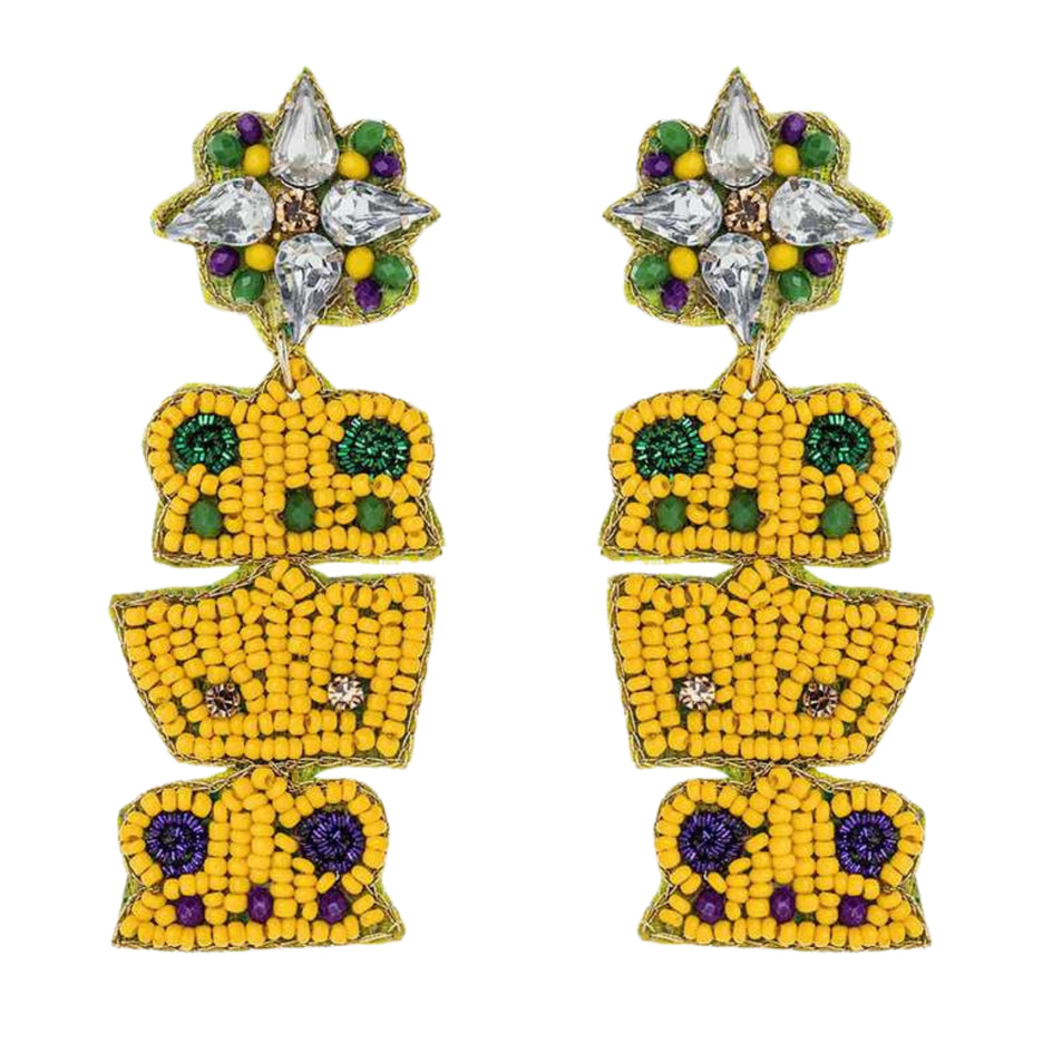 Mardi Gras Beaded Crown Iconic Handmade Festive Statement Dangle Earrings - Accessoriesforever