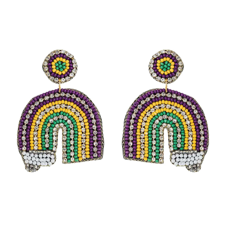 Mardi Gras Rainbow Beaded Handmade Festive Statement Dangle Earrings