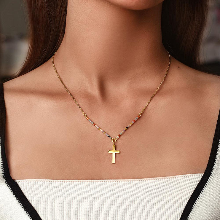Colorful Beaded Cross Charm Necklace
