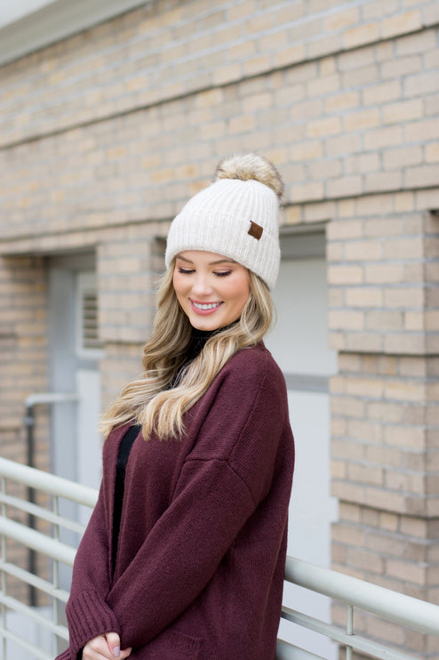 Soft Cozy Heathered Knit Pom Pom CC Marled Beanie Hat