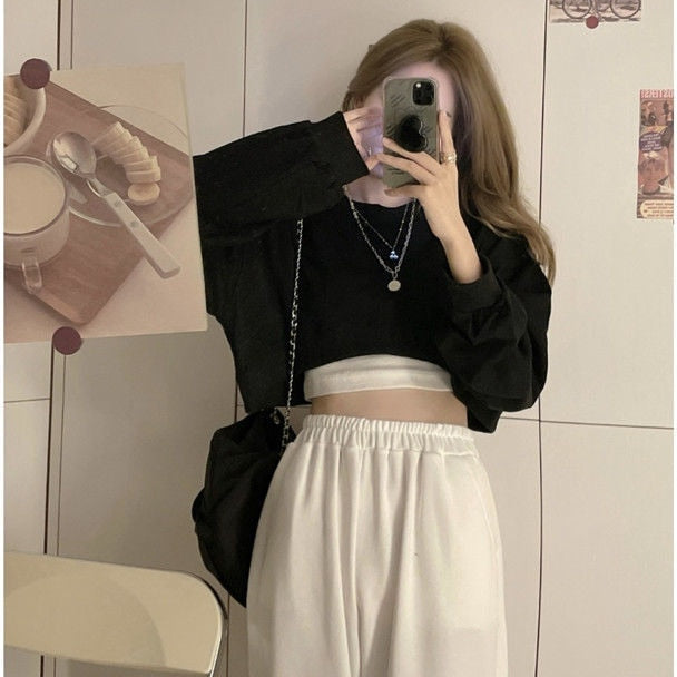 Basic Solid Stylish Streetwear Long Sleeve Loose Pullover Crop Sweatshirt Top