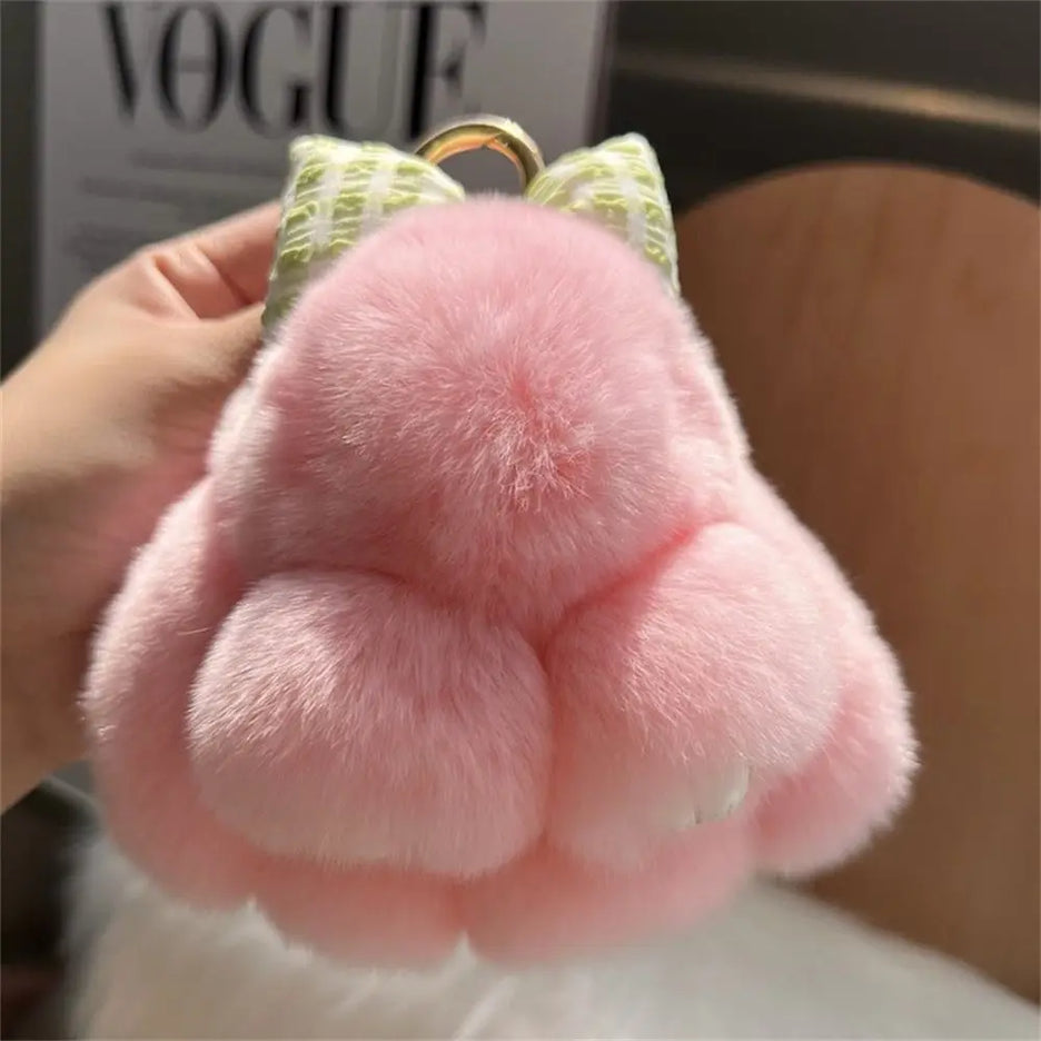 Cute Ultra Soft Fluffy Fur Bunny Rabbit with Hair Bow Keychain Phone Bag Charm
