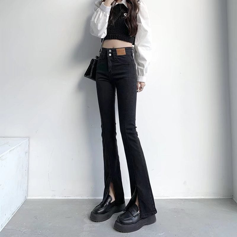 Stylish Trendy High Waist Stretch Slim Wide Leg Flared Boot Cut Denim Pants Jeans