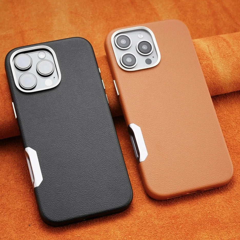 Luxury Leather MagSafe Magnetic Phone Case with Metal Hollow Buttons for iPhone