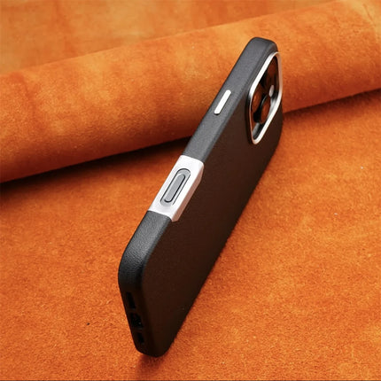Luxury Leather MagSafe Magnetic Phone Case with Metal Hollow Buttons for iPhone