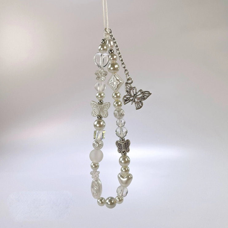 Beautiful Sparkling Butterfly Beaded Pearl Phone Keychain Wrist Hand Strap
