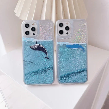 Ocean Dolphin Whale Sparking Glitter Quicksand Liquid Phone Case Cover for iPhone