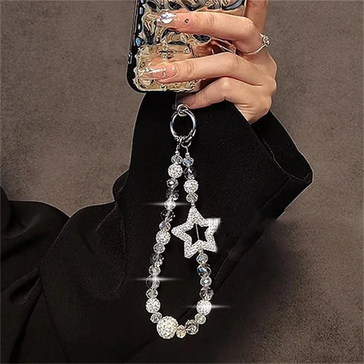 Sparkling Star Beaded Crystal Rhinestone Luxury Phone Keychain Wrist Hand Strap