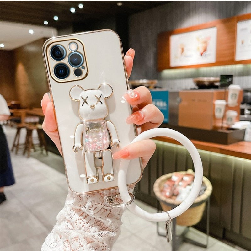 Cute Candy Bead Bear Holder with Wrist Ring Phone Cover Case For iPhone 14 13 Por Max Plus Mini
