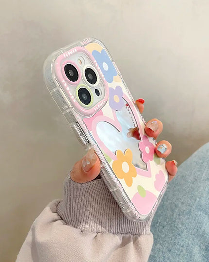 Sweet Floral Love Heart Mirror Phone Case Cover for iPhone 15 14 13 12 11 Pro Max Plus