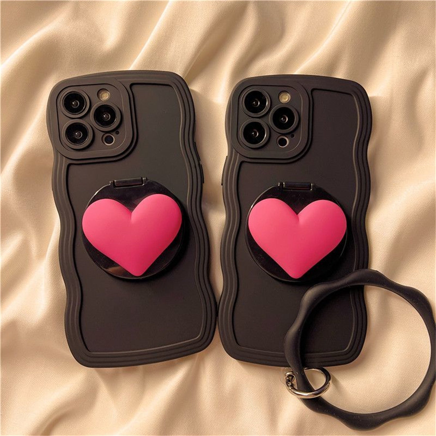 Cute 3D Love Heart Shape Makeup Mirror Wave Edge Black iPhone Phone Soft Cover Case