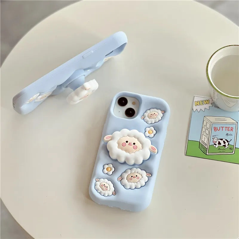 Cute 3D Sheep Daisy Holder Stand Phone Case Cover For iPhone 15 14 13 12 11 Pro Max