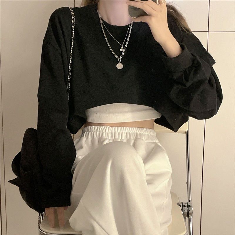 Basic Solid Stylish Streetwear Long Sleeve Loose Pullover Crop Sweatshirt Top