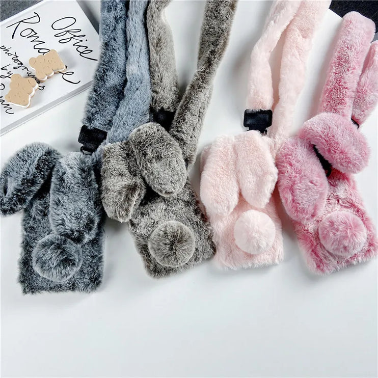 Adorable Fluffy Rabbit Plush Soft Fur Shoulder Strap Phone Case Cover For iPhone 15 14 13 12 Pro Max