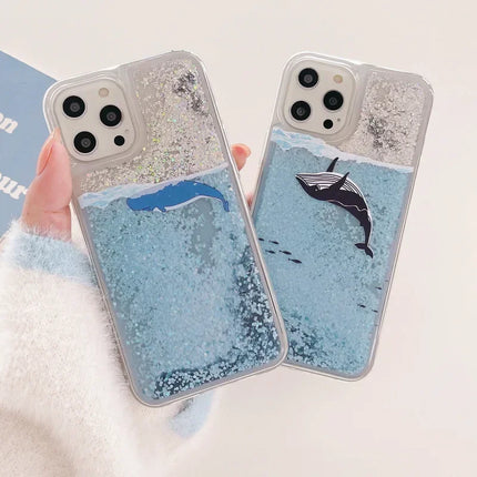 Ocean Dolphin Whale Sparking Glitter Quicksand Liquid Phone Case Cover for iPhone