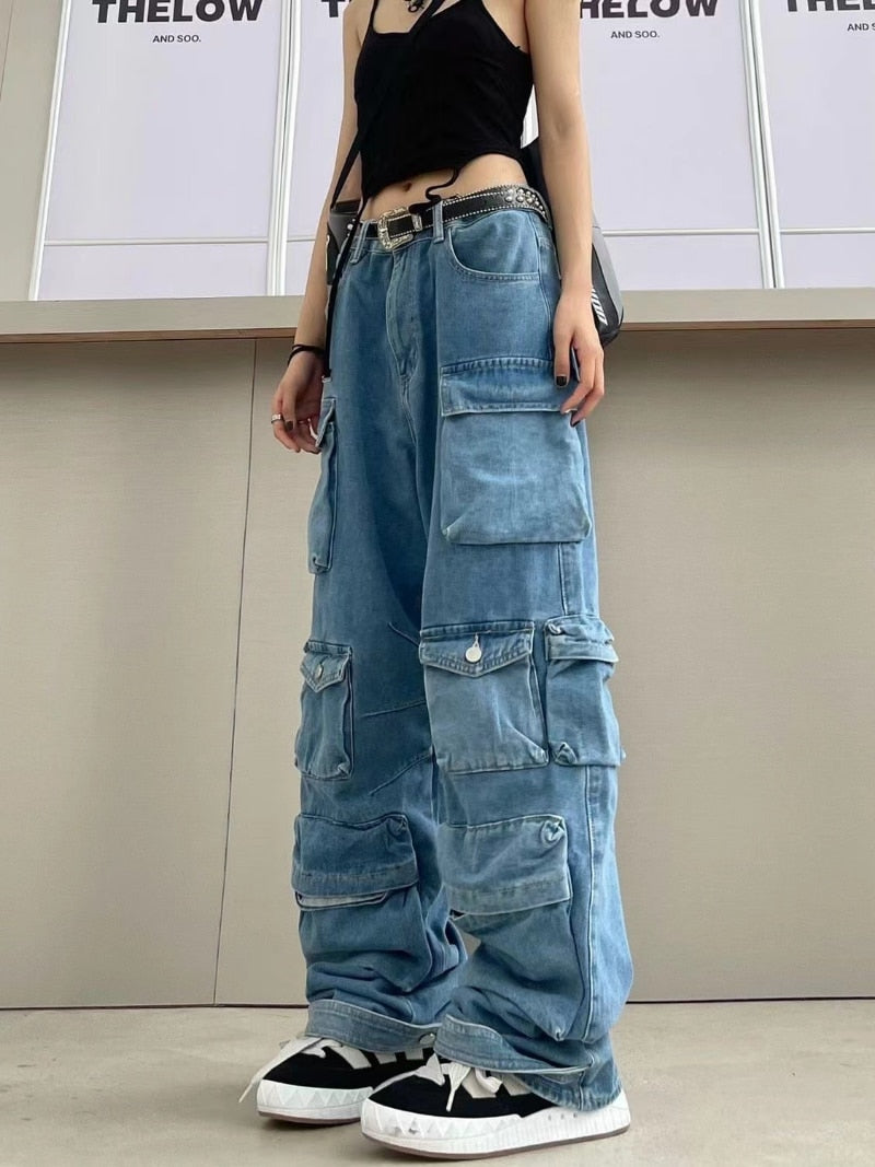 Stylish Multi-Pocket Cargo Pants Retro Street Fashion High Waist Wide Legs Casual Jeans