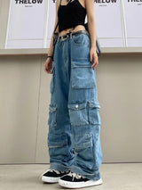Stylish Multi-Pocket Cargo Pants Retro Street Fashion High Waist Wide Legs Casual Jeans